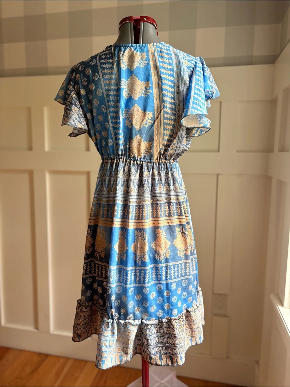 Boho Blue Printed V-Neck Mini Dress with Tassel Detail Small - Picture 8 of 10